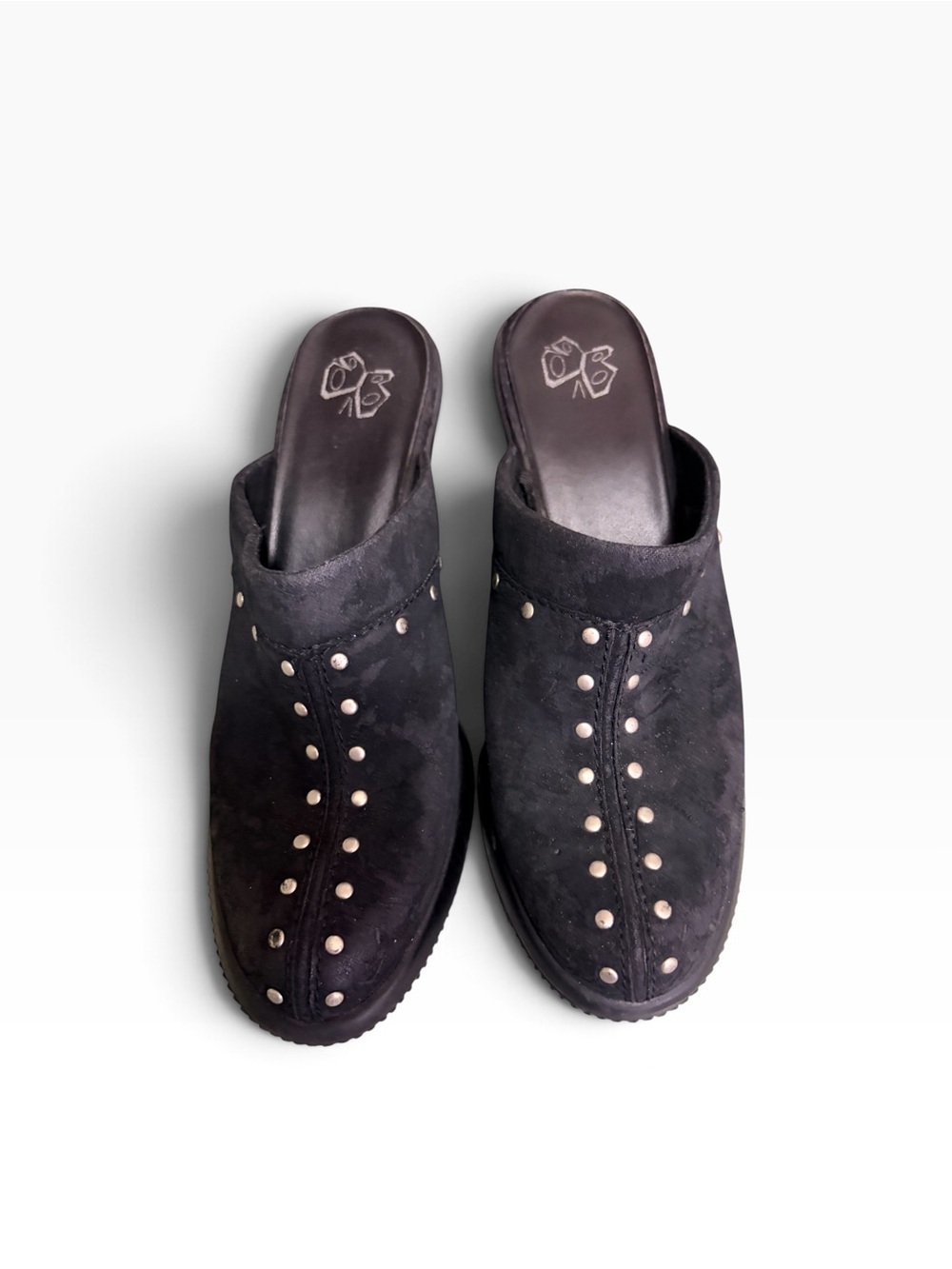 Vintage 90s/Y2K Fashion Bug Studded Clog Mules - Chunky Black Slip-On Heels